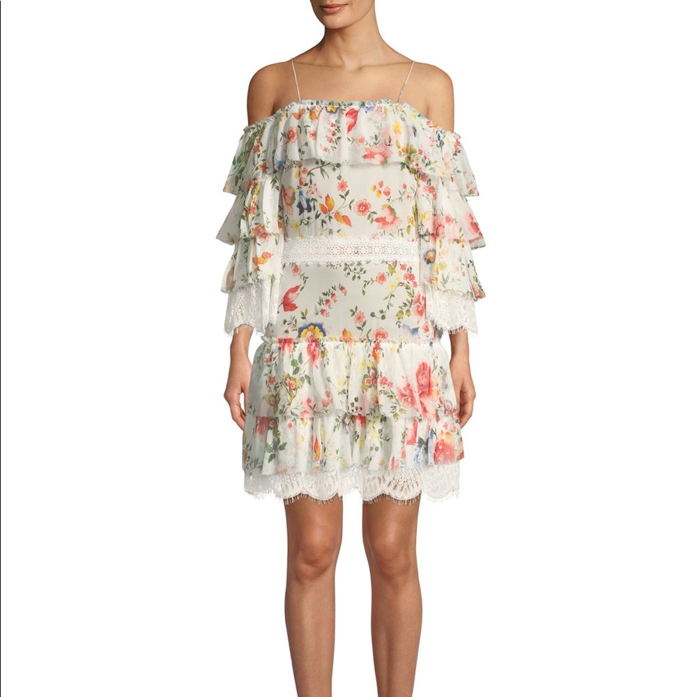 Alice Olivia Santos off the shoulder 100% silk dress with lace details ruffled